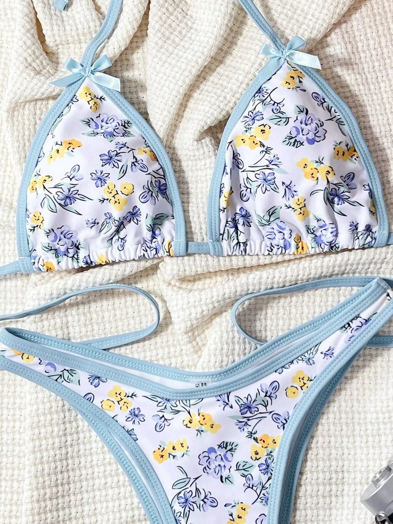 Blue Spring Bloom Print Bows Sexy 2Pc Cheeky Swimsuit Set Bikini