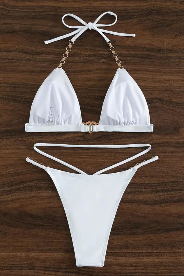 White Heart Rhinestone Strappy Tied Sexy 2Pc Swimsuit Set Bikini