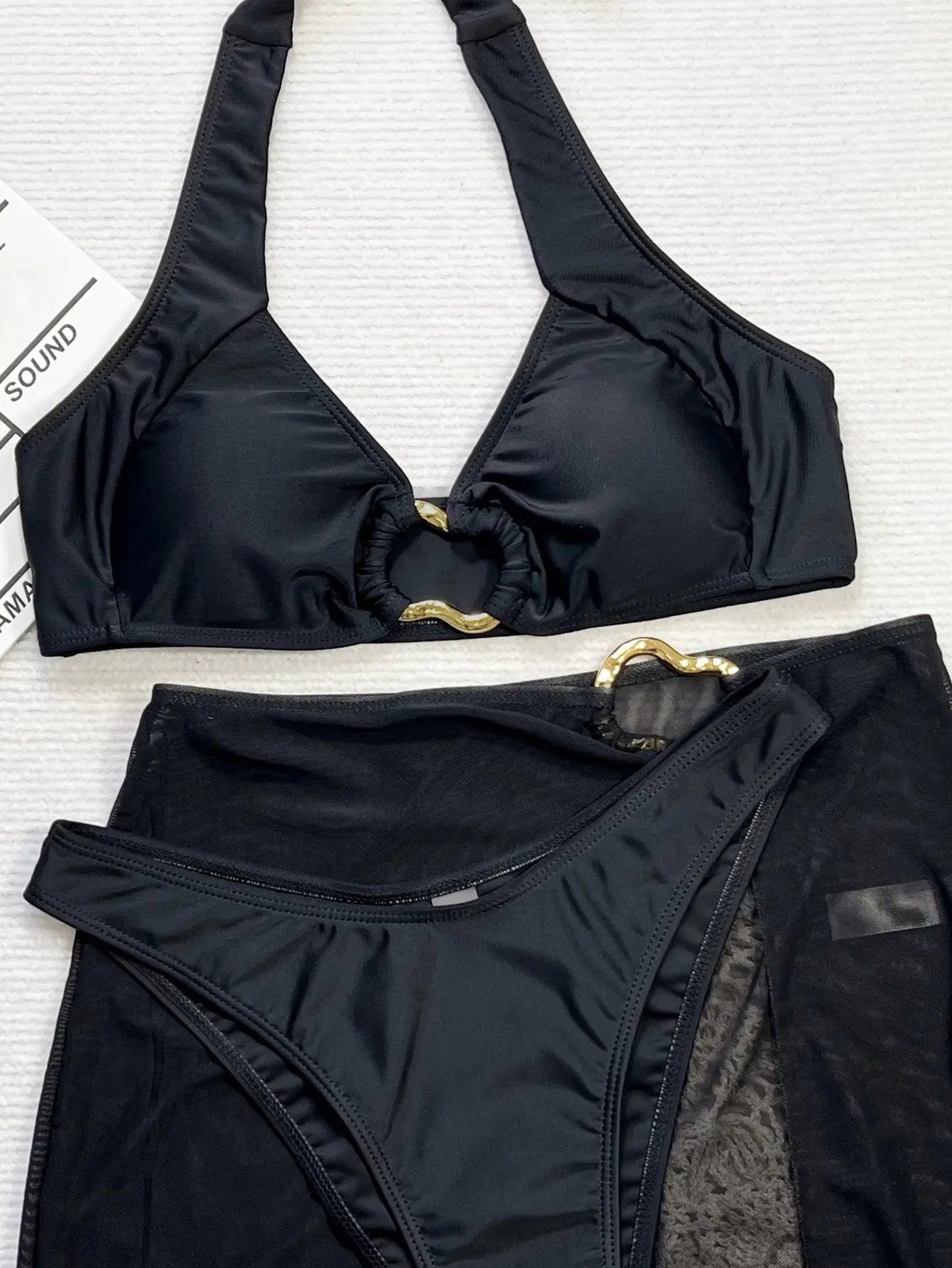 Black Old Decor Halter Padded Mesh Cover-Up Sexy 3Pc Swimsuit Set