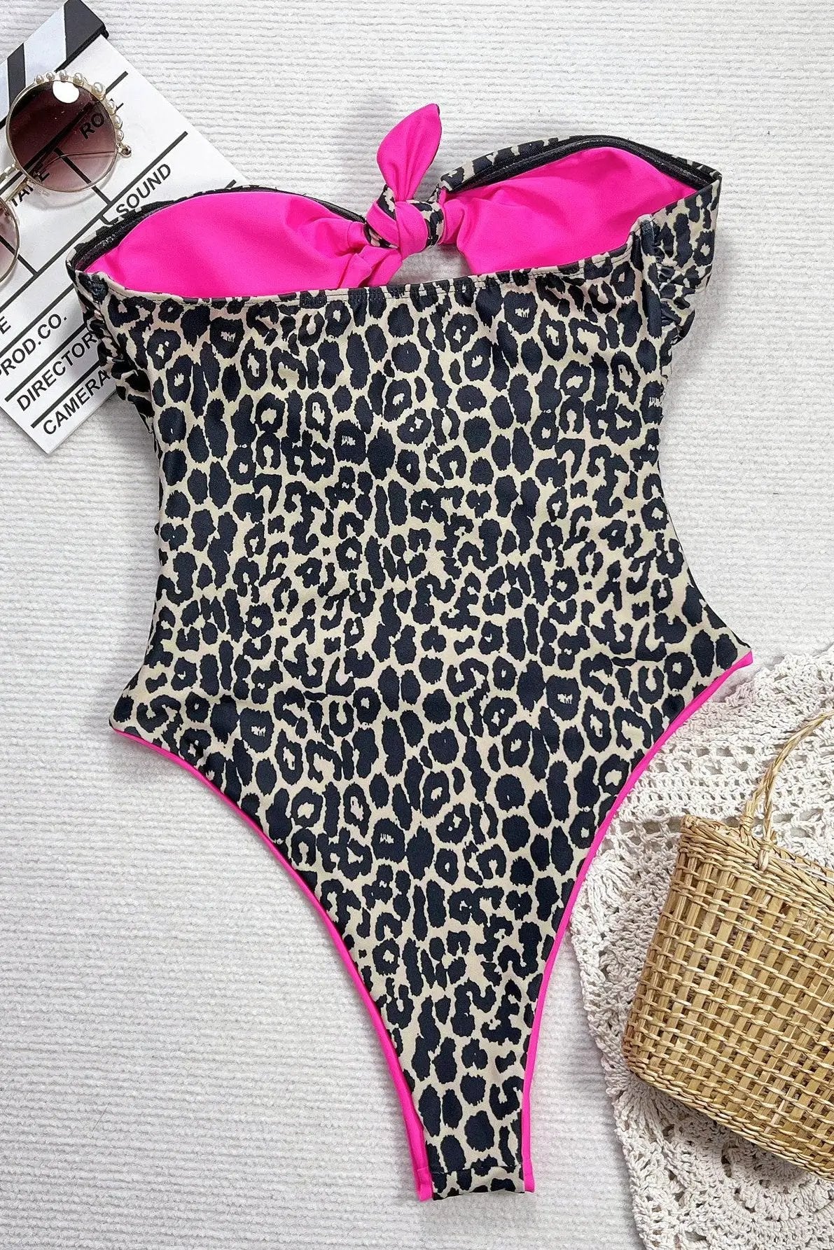Leopard Hot Pink Bows Cut-Out Strapless 1Pc Sexy Swimsuit Monokini