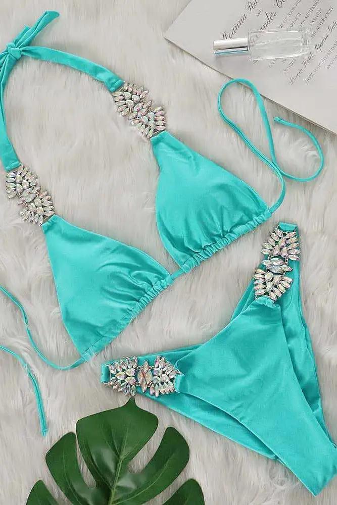 Mint Silky Big Rhinestone Decor Ruched Back Sexy 2Pc Swimsuit Set Bikini