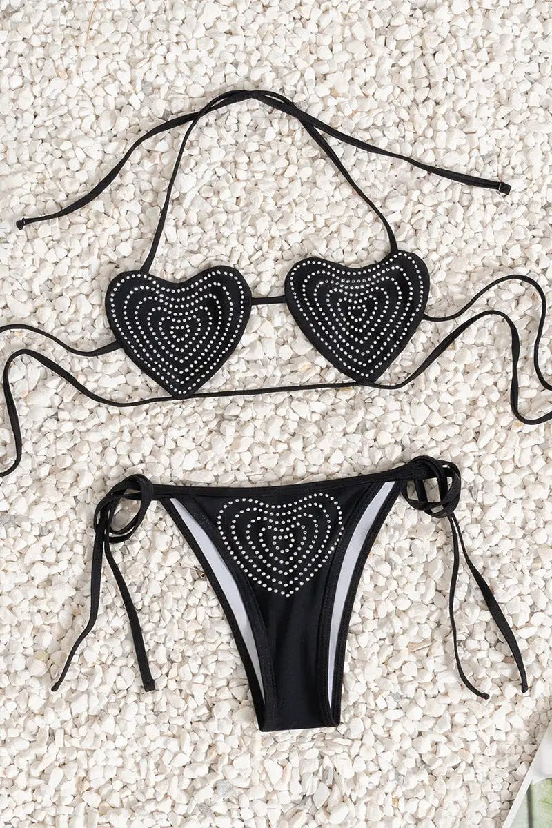 Black Silver Studded Heart Top Sexy 2Pc Swimsuit Set Bikini
