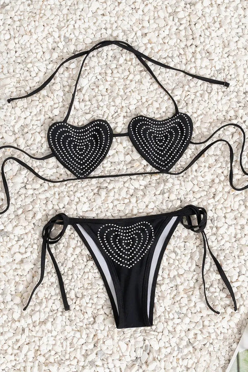 Black Silver Studded Heart Top Sexy 2Pc Swimsuit Set Bikini
