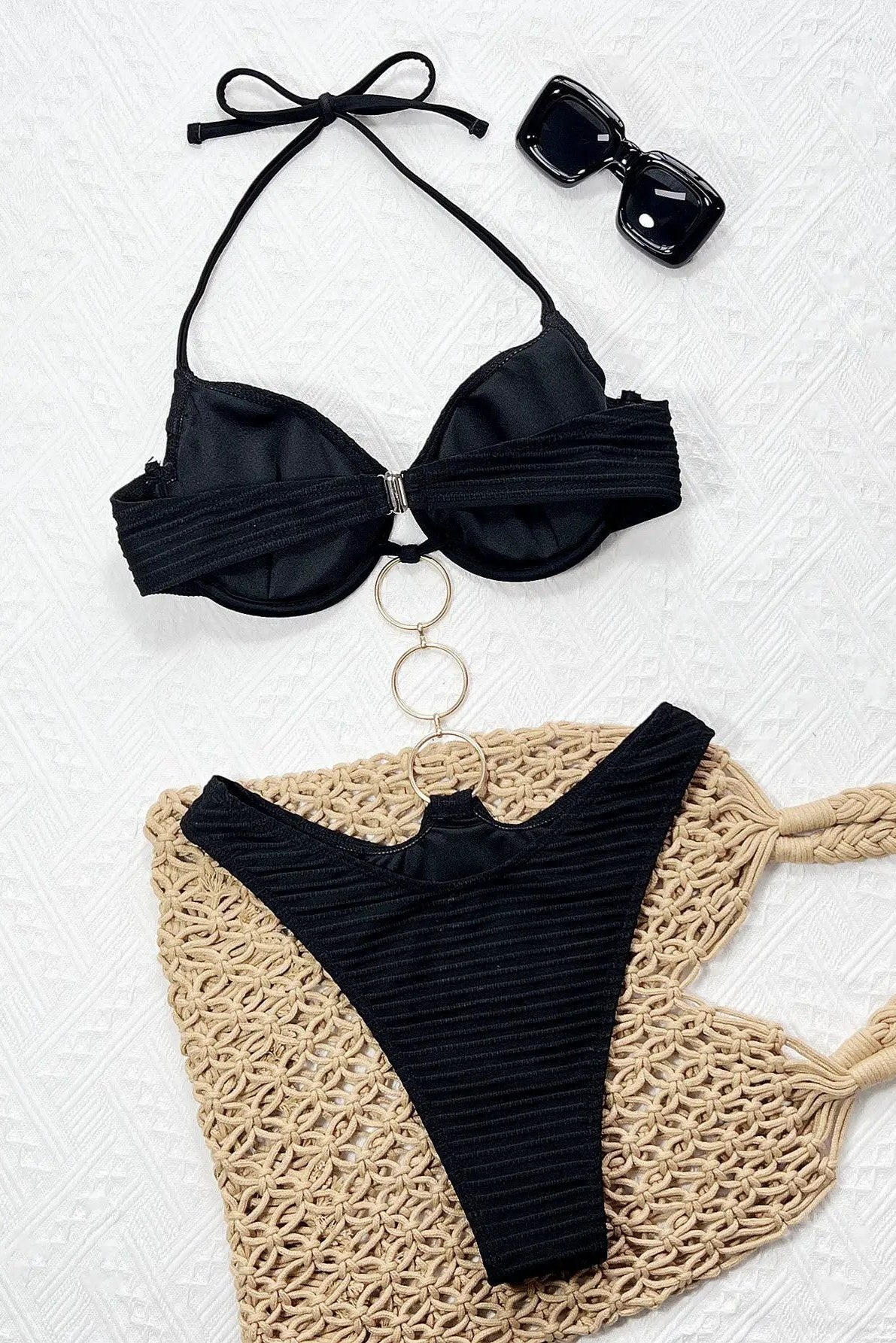 Sexy Black Wired Push-Up Gold O-rings Monokini 1Pc Swimsuit