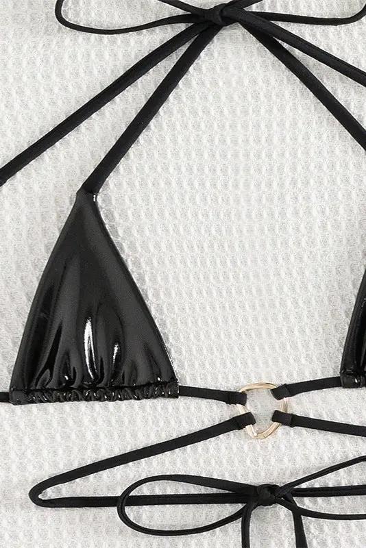 Black Patent Leather Micro Strappy Thong Sexy 2Pc Swimsuit Set