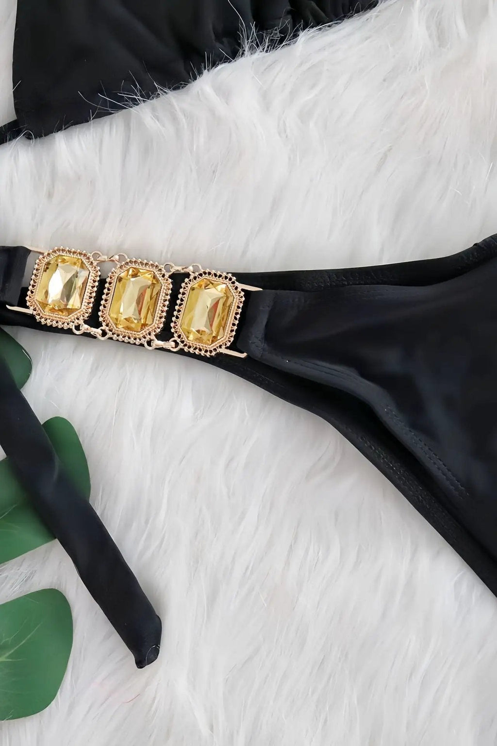 Black Rhinestone Gem Halter Ruched Back Cheeky Sexy 2Pc Swimsuit Set BIkini