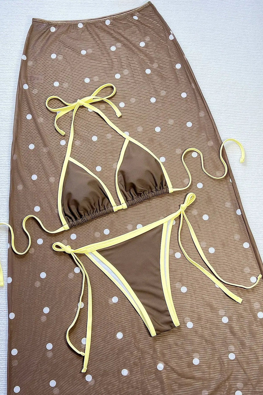 Sexy Brown Yellow Trim Triangle Cheeky Mesh Maxi Polka Dot Skirt Cover-Up 3Pc Swimsuit Set
