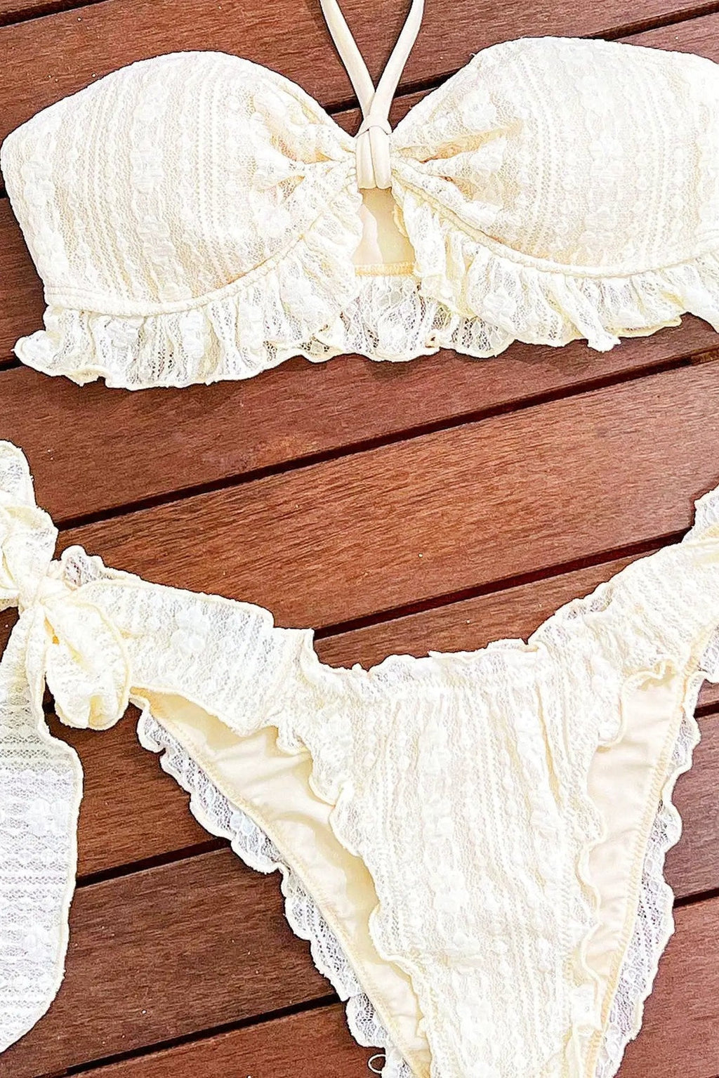 Off White Sexy Ruffle Textured Lace Halter Tie Side 2Pc Swimsuit Set