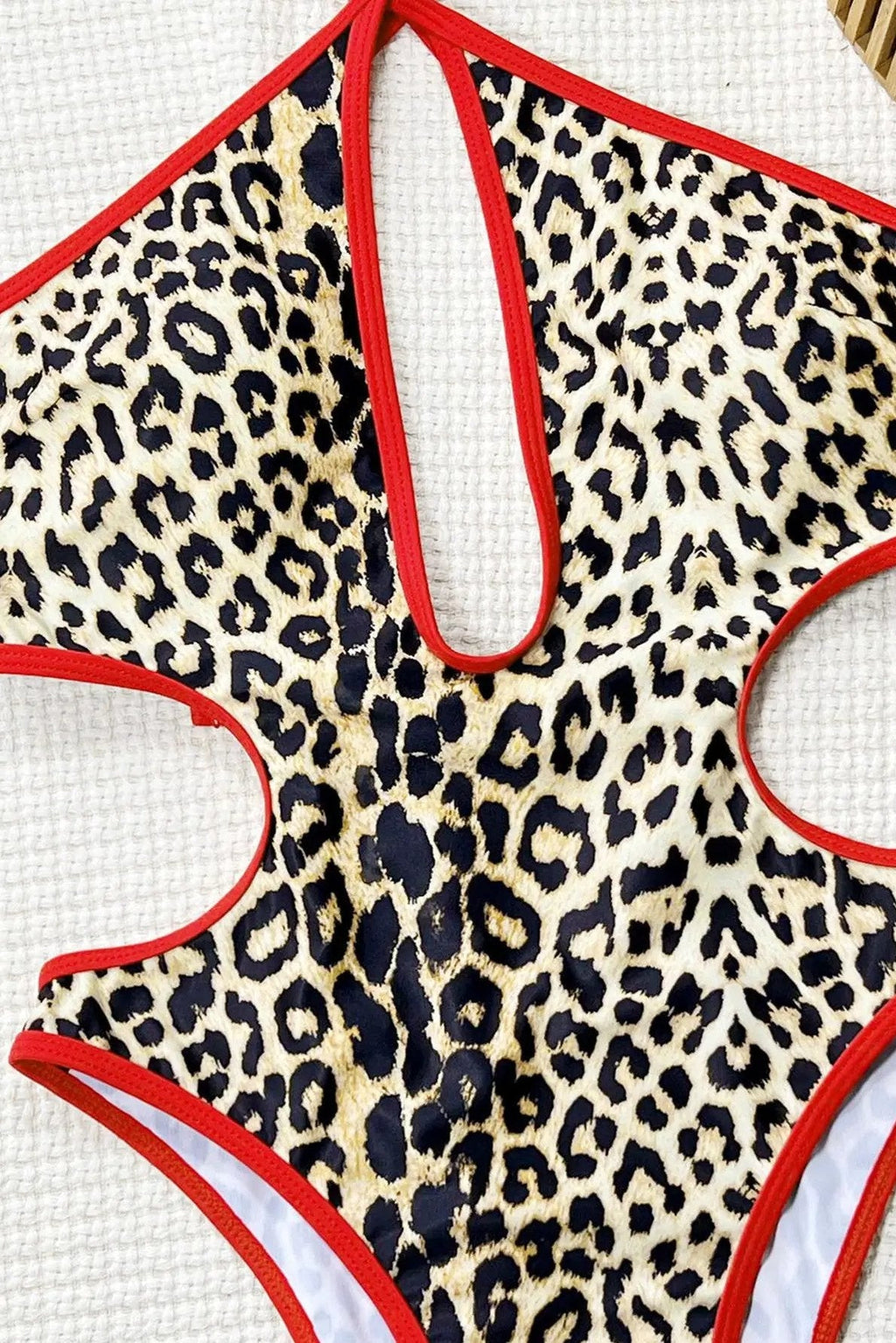 Leopard Print Red Trim Criss-Cross High Cut Sexy Monokini 1Pc Swimsuit