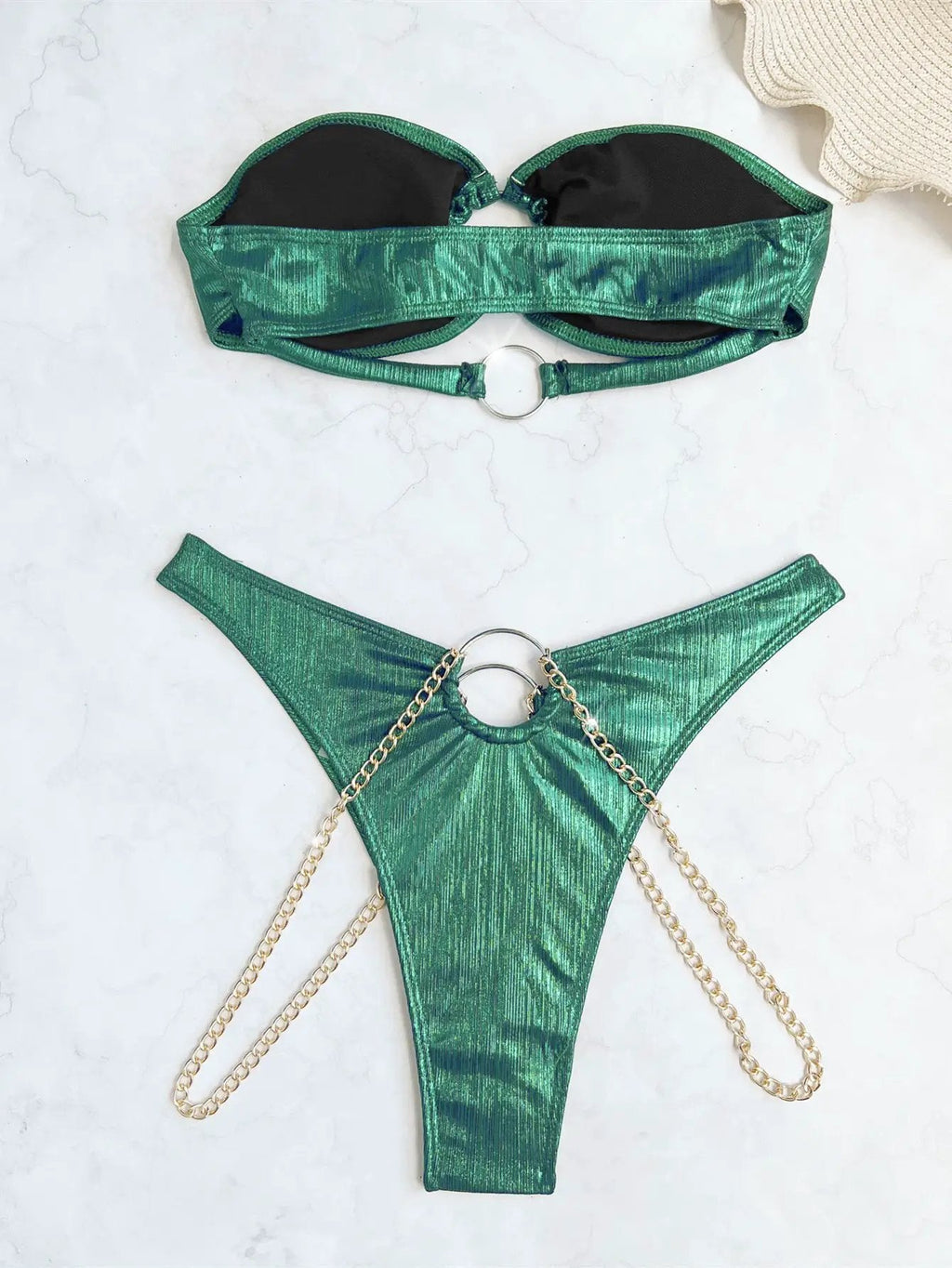 Green Shimmer Metallic Gold Chain Bandeau Cheeky Sexy 2Pc Swimsuit Set