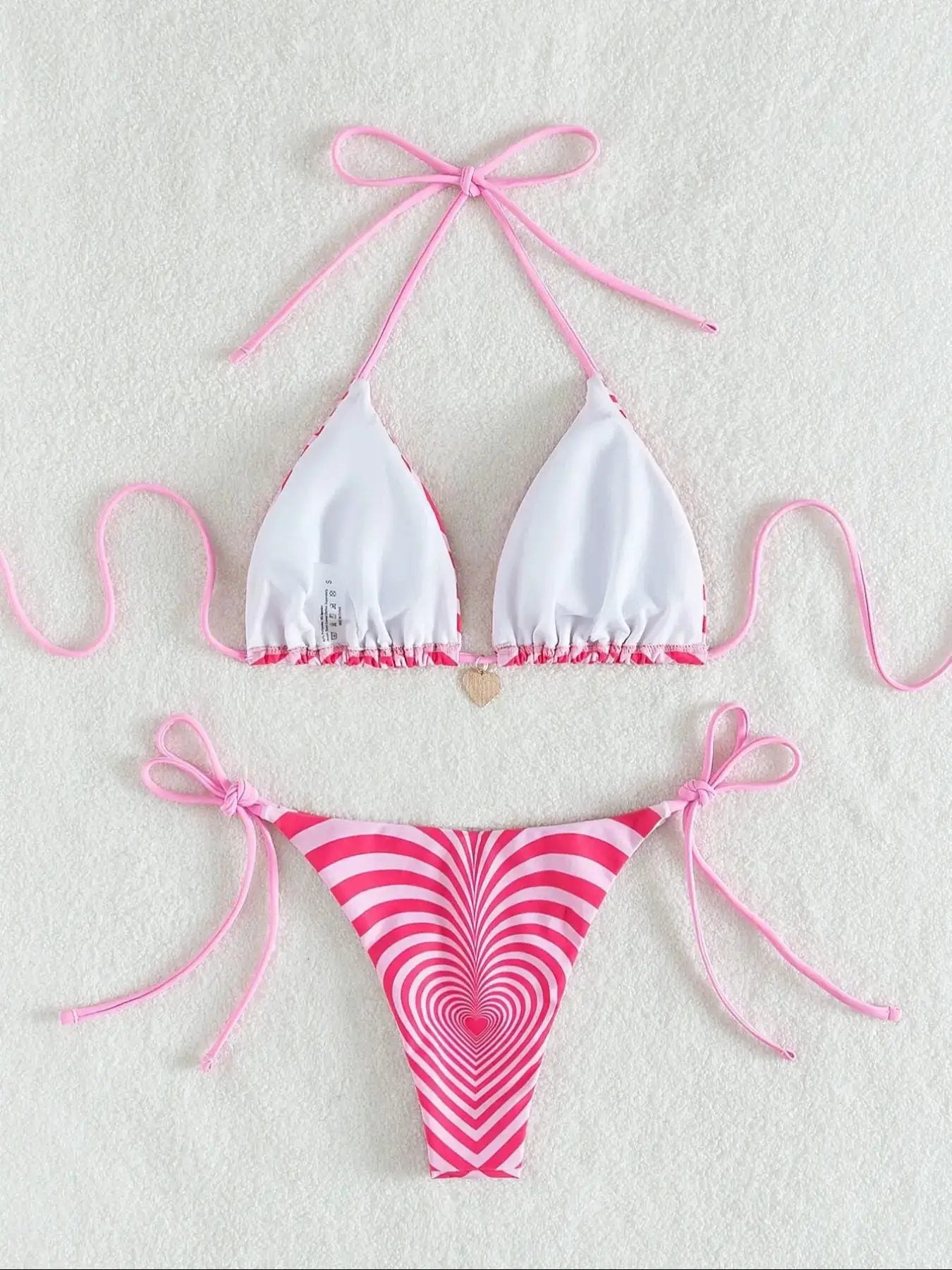 Pink Printed Heart Charm Sexy 2Pc Swimsuit Set Bikini