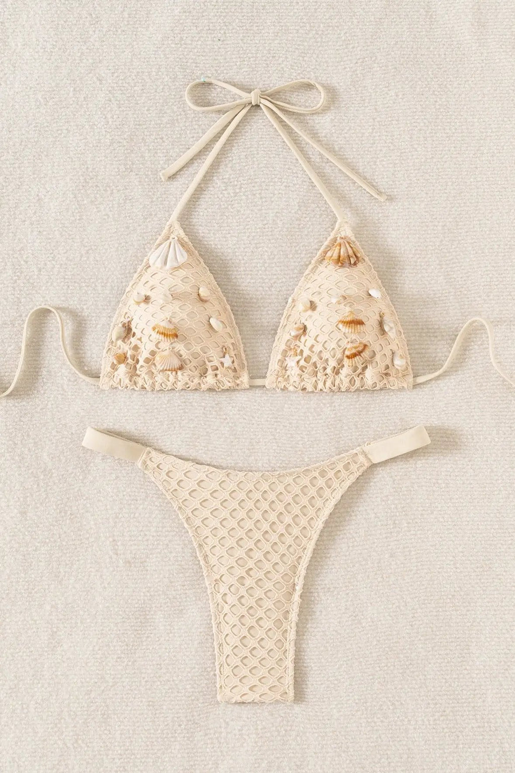 Off White Netted Sea Shells Triangle Thong Sexy 2Pc Bikini Swimsuit Set