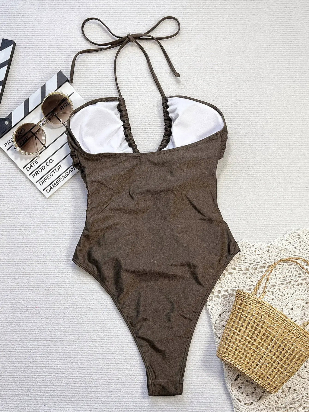 Brown Halter Cut-Out Gold Decor Ring Sexy 1Pc Swimsuit Monokini