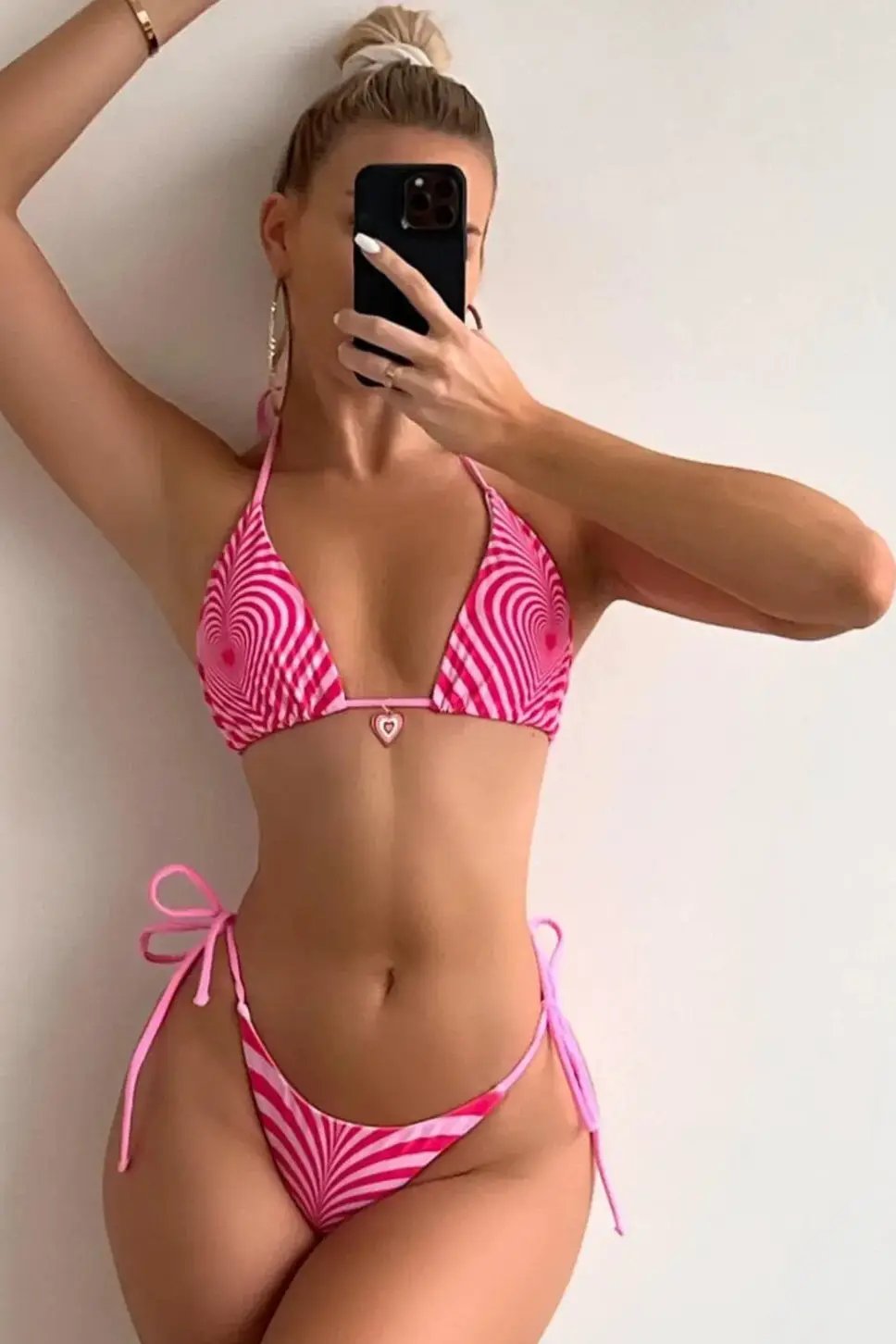 Pink Printed Heart Charm Sexy 2Pc Swimsuit Set Bikini