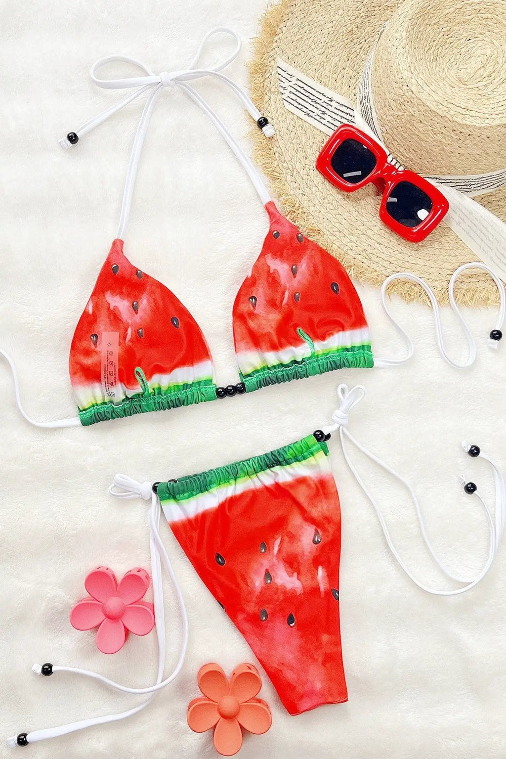 Red Green Watermelon Print Beads Sexy Triangle Cheeky 2Pc Swimsuit Set Bikini
