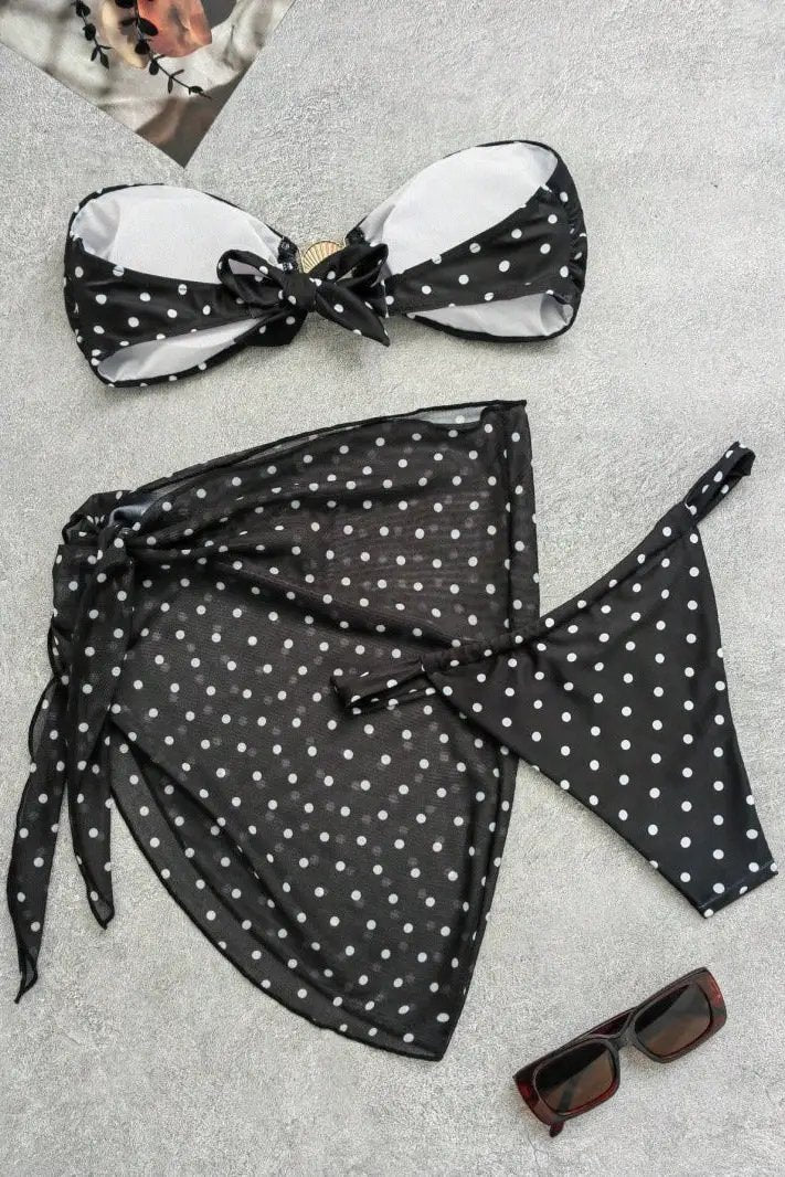 Black White Dot Gold Sea Shell Bandeau Cheeky Cover-Up Sexy 3Pc Swimsuit Set