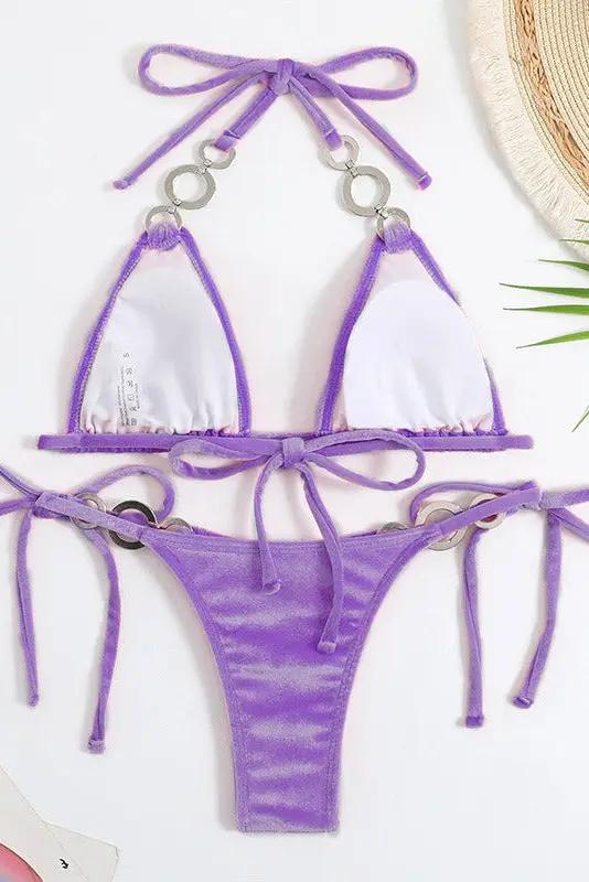Lavender Velvet Rhinestone Triangle Cheeky Sexy 2Pc Swimsuit Set Bikini