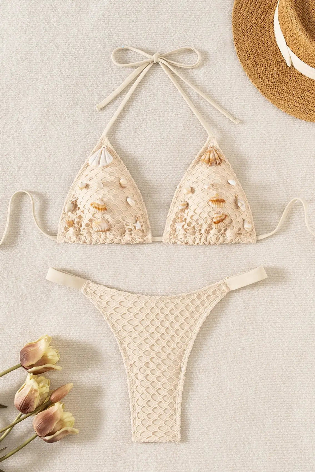 Off White Netted Sea Shells Triangle Thong Sexy 2Pc Bikini Swimsuit Set