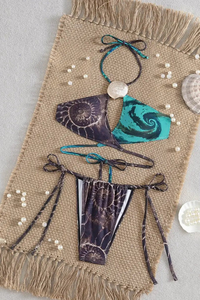 Grey Turquoise Sea Shell Print Gold Metal Decor Halter Wrap Cheeky Sexy 2Pc Bikini Swimsuit Set