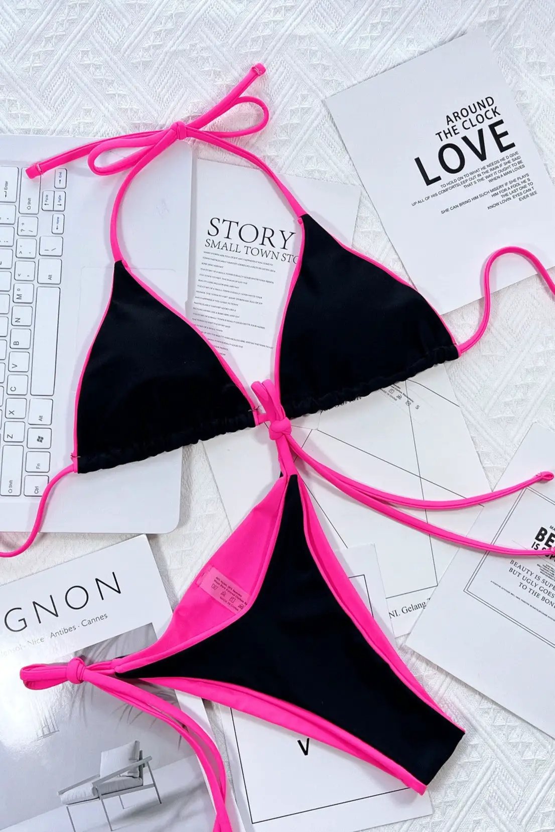 Black Neon Pink Reversible Cheeky 2Pc Swimsuit Trim Bikini