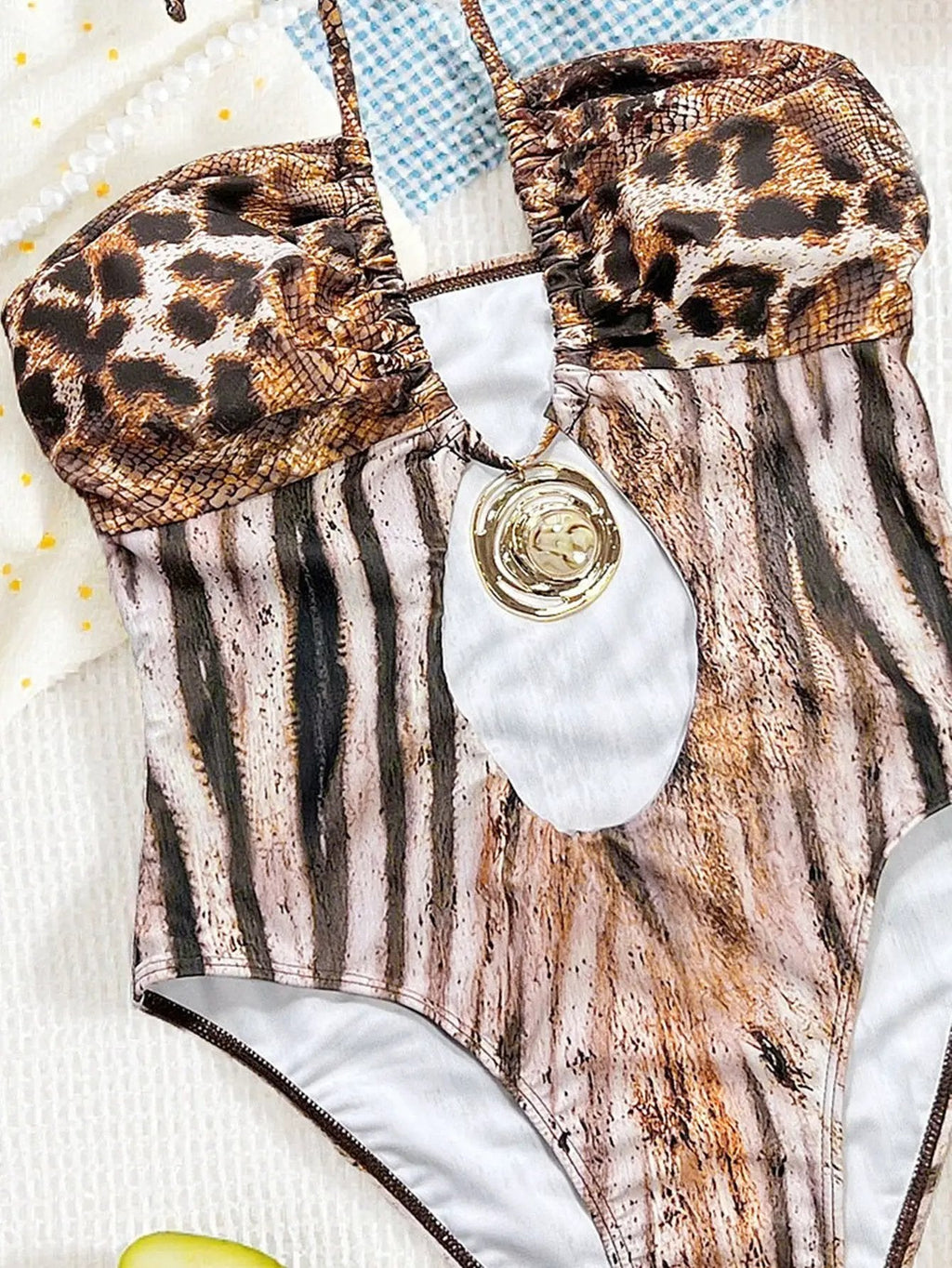 Brown Animal Print Gold Decor Halter Sexy 1Pc Swimsuit Monokini