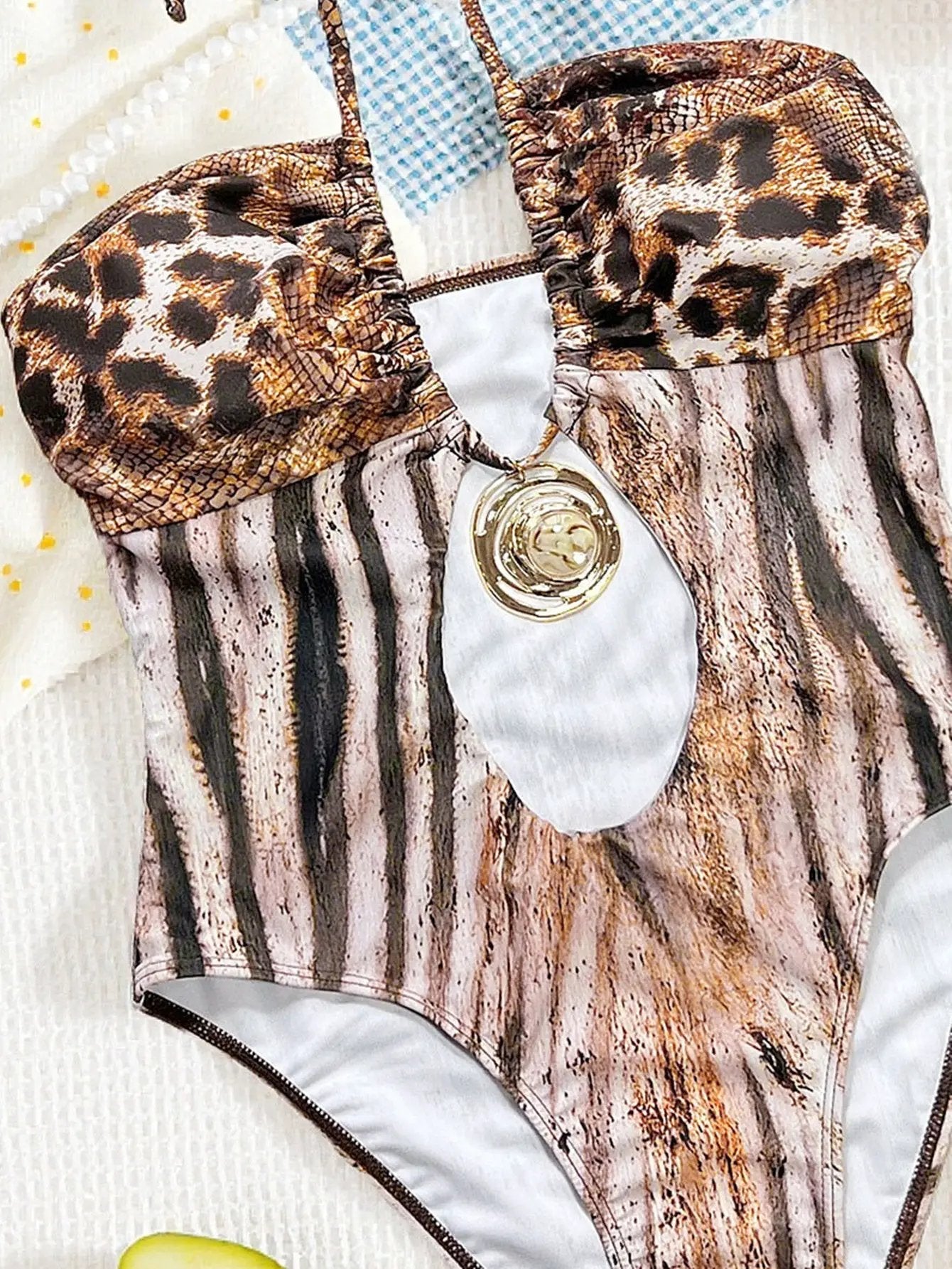 Brown Animal Print Gold Decor Halter Sexy 1Pc Swimsuit Monokini