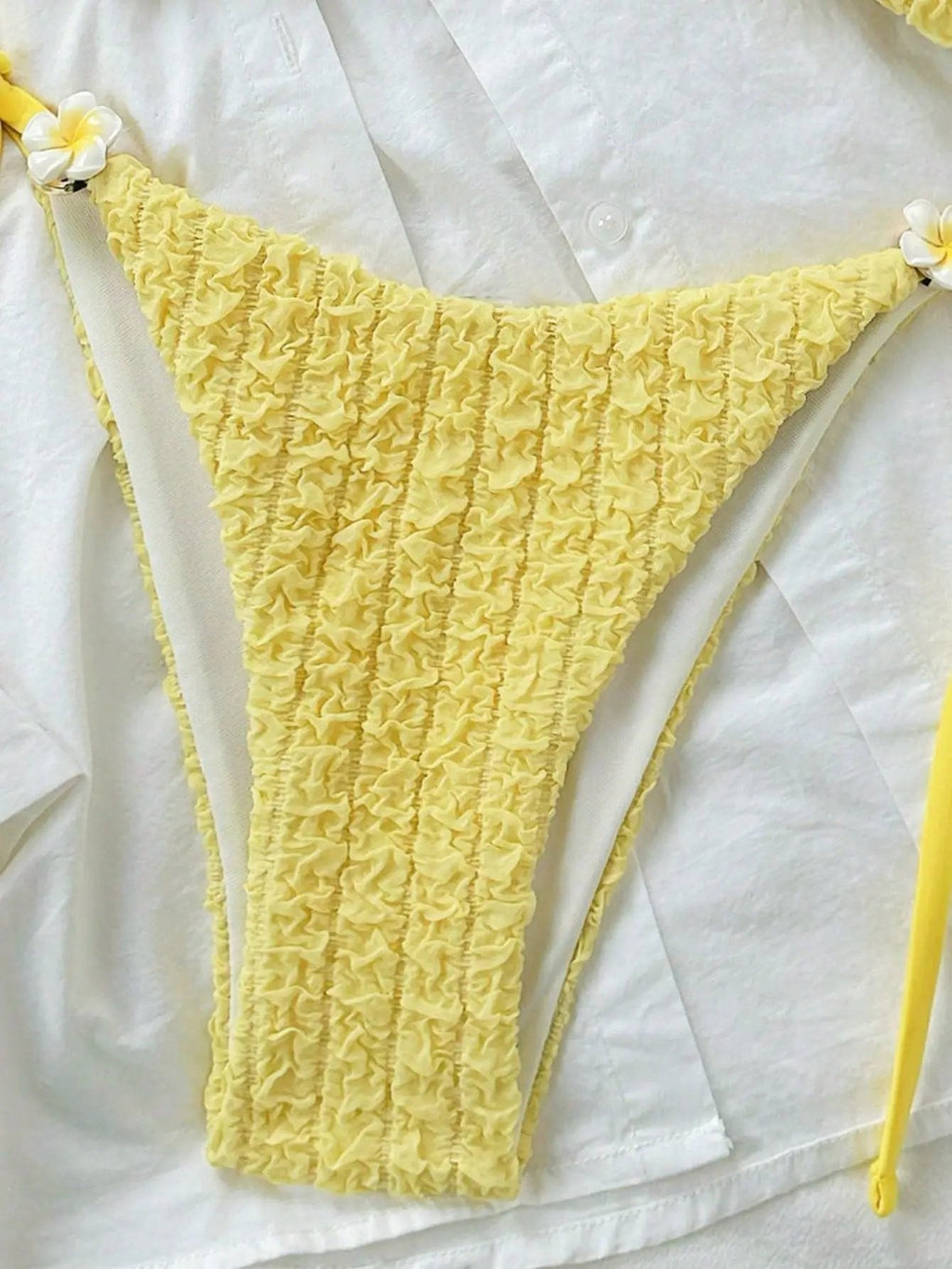 Yellow Textured Hawaiian Plumeria Flower Sexy 2Pc Swimsuit Set Bikini