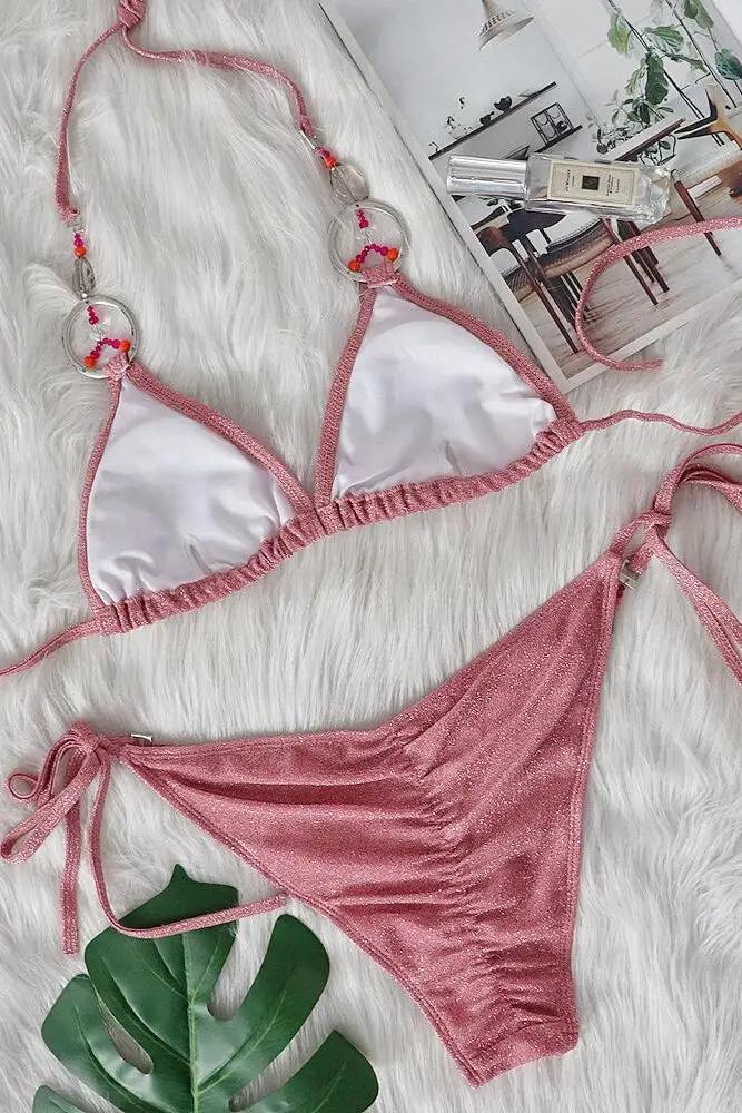 Pink Shimmer Crystals O-Ring Ruched Butt Sexy 2Pc Swimsuit Set
