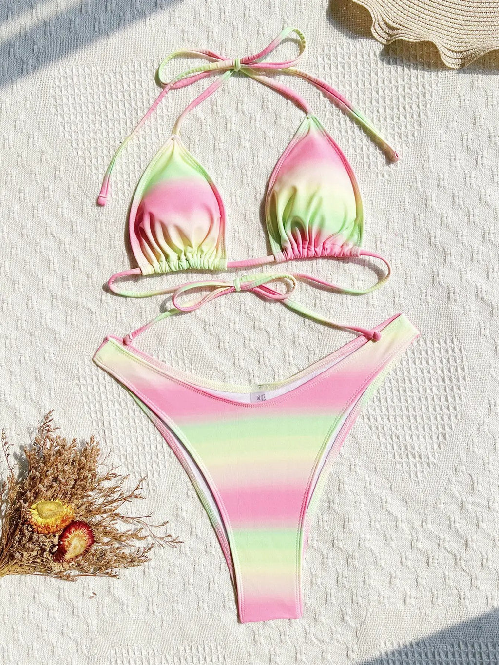 Pink Yellow Tie Dye Metal Decor Cover-Up Bikini Sexy 3Pc Swimsuit Set
