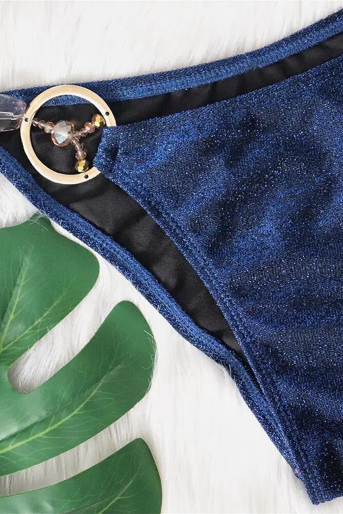 Royal Blue Shimmer Crystals O-Ring Ruched Butt Sexy 2Pc Swimsuit Set