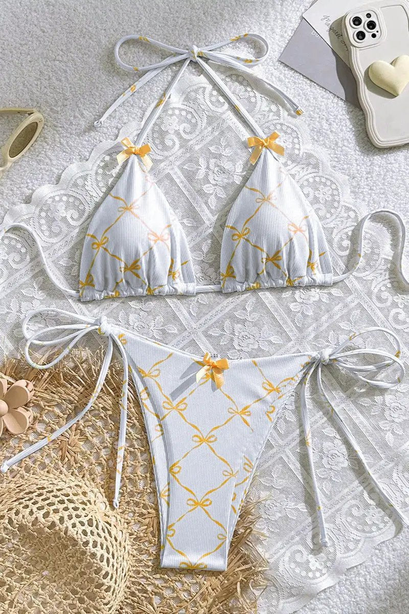 White Orange Coquette Bows Triangle Tie Side Sexy 2Pc Swimsuit Set Bikini