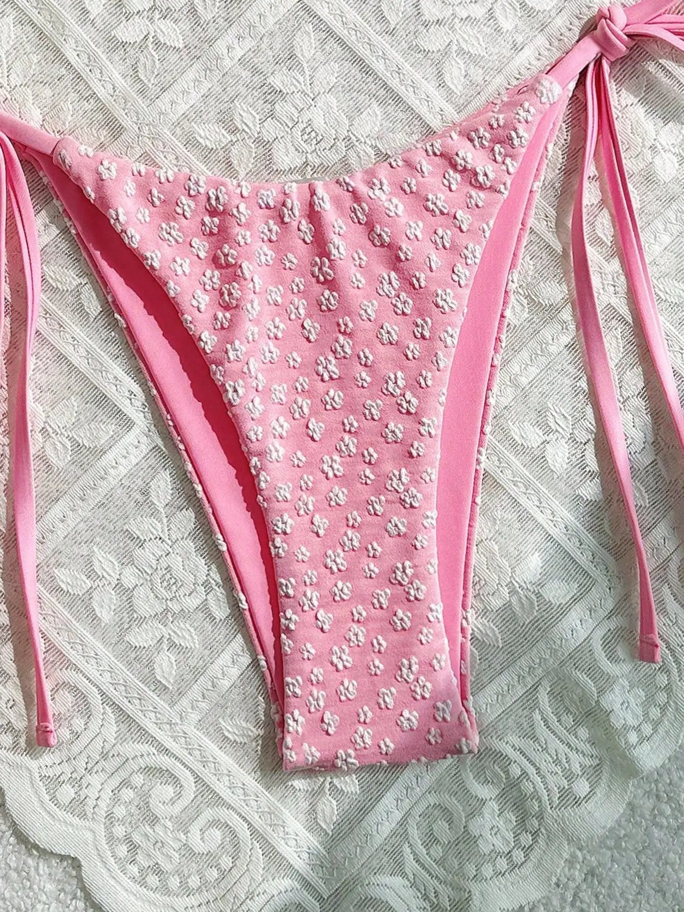 Light Pink Flower Textured Gold Charm Sexy 2Pc Swimsuit Set Bikini