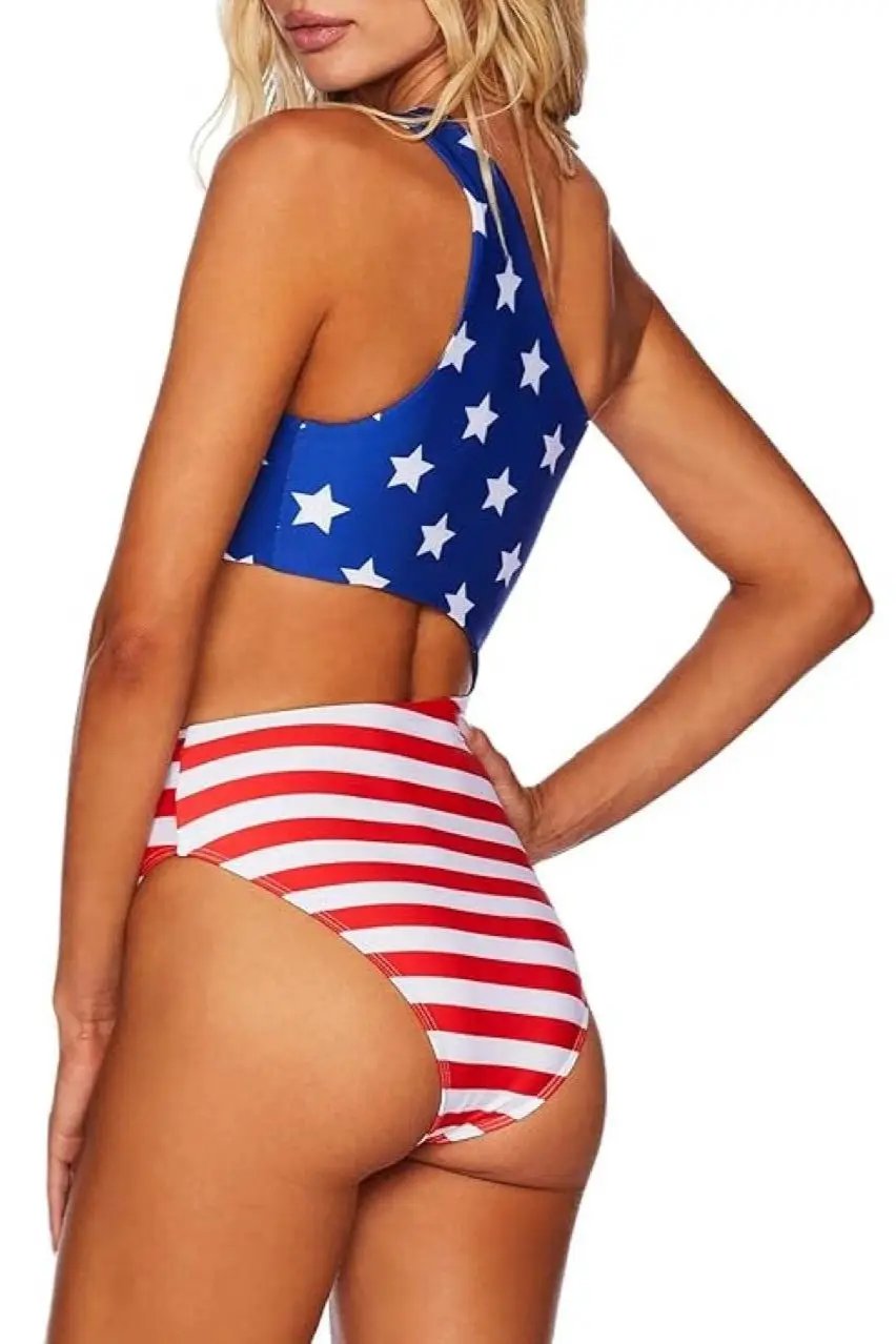 Blue Star Red Stripe Flag Print One Shoulder Cut-Out Sexy 1Pc Swimsuit Monokini