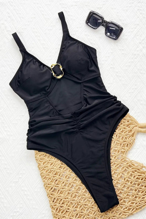 Black Cut-Out Gold Decor Ruched Contouring Flattering One Piece Monokini