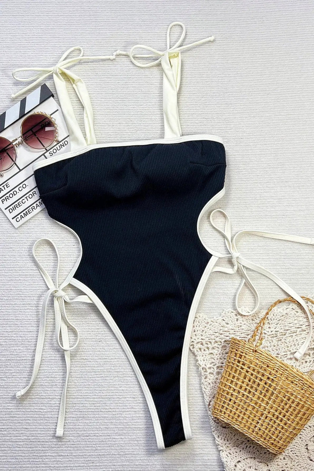 Black Ribbed White Trim Bows Thong Sexy 1Pc Swimsuit Monokini