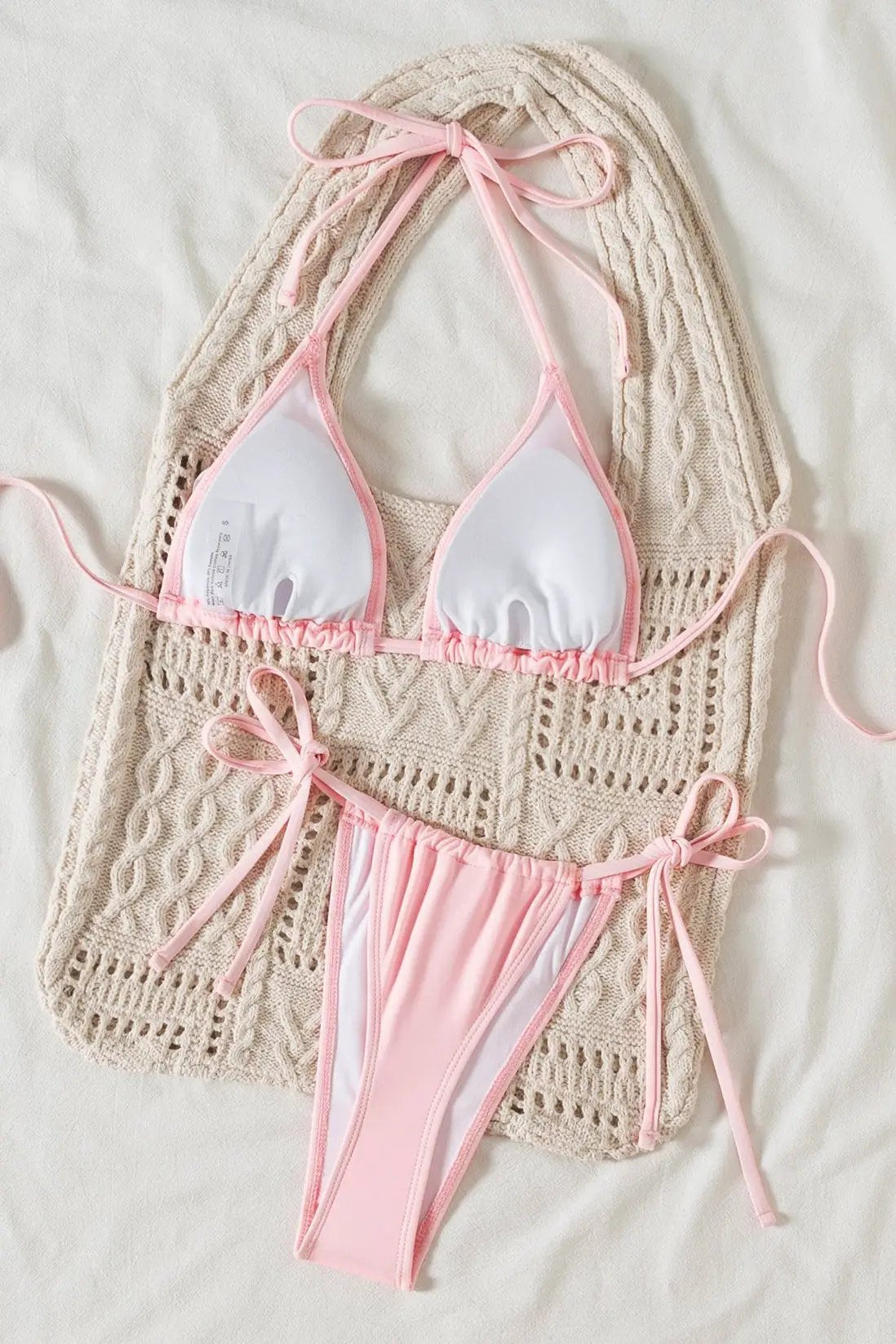 Light Pink Sequin 3D Hibiscus Flower Thong Draw-string Sexy 2Pc Swimsuit Set Bikini