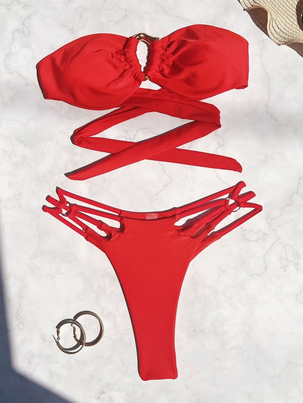 Red Strappy Gold Decor High Waist Sexy Cheeky 2Pc Swimsuit Set
