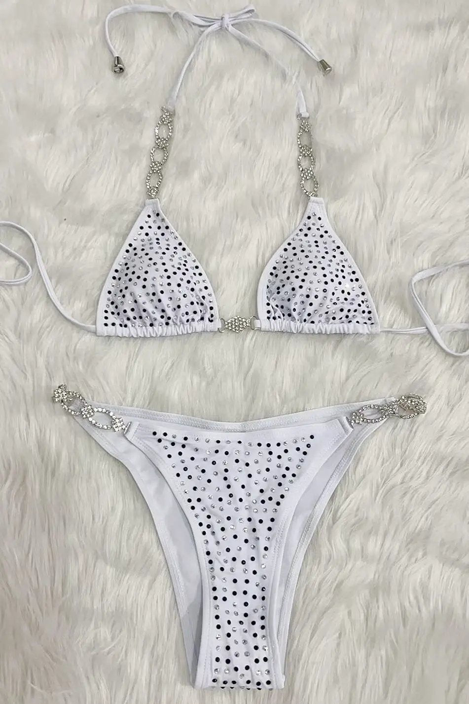 White Silver Rhinestone Accent Sexy Two Piece Swimsuit