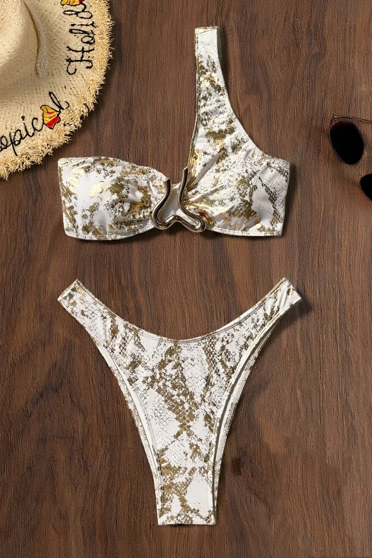 White Gold Snake Print One Shoulder Metal Decor Sexy 2Pc Swimsuit Set