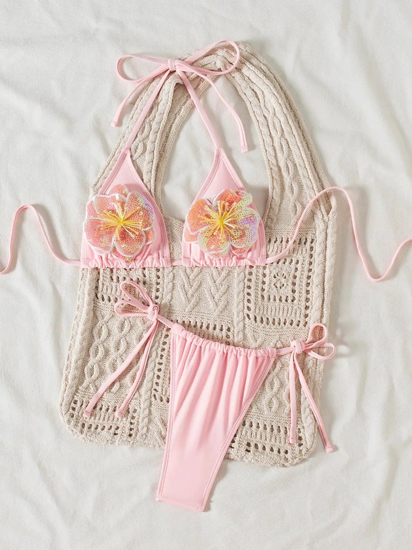 Light Pink Sequin 3D Hibiscus Flower Thong Draw-string Sexy 2Pc Swimsuit Set Bikini