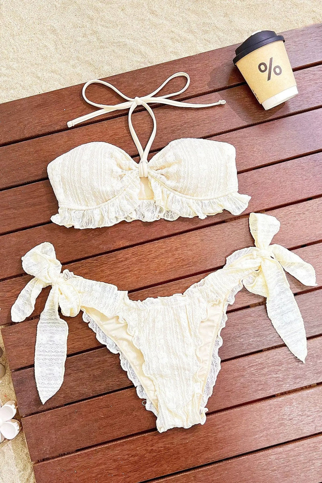 Off White Sexy Ruffle Textured Lace Halter Tie Side 2Pc Swimsuit Set
