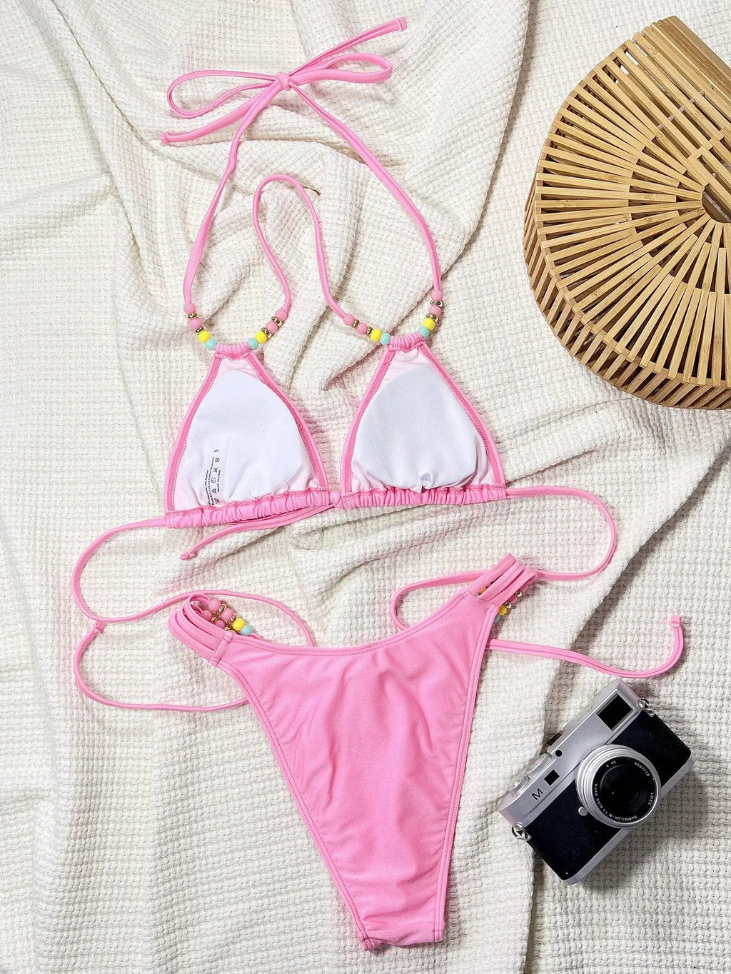 Light Pink Multi Color Beads Sexy 2Pc Swimsuit Set Bikini