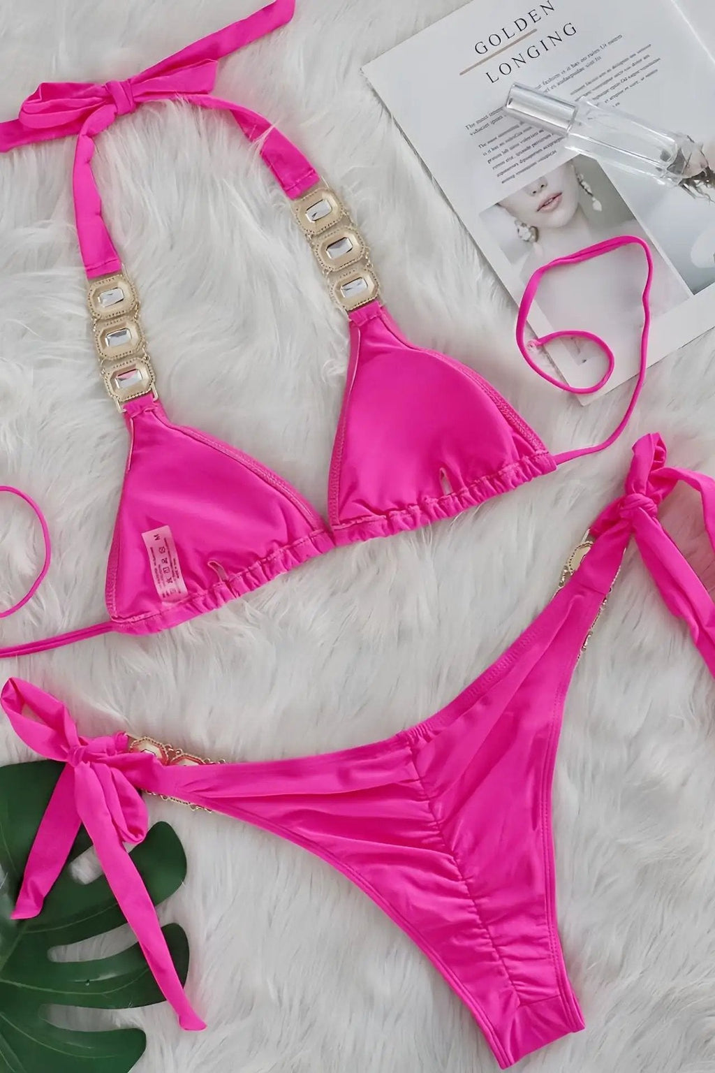 Fuchsia Rhinestone Gem Halter Ruched Back Cheeky Sexy 2Pc Swimsuit Set BIkini