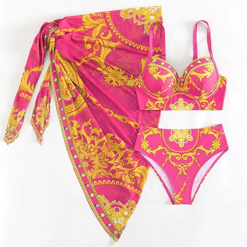 Hot Pink Gold Print Bustier High Waist Cover-Up Sexy 3Pc Swimsuit Set
