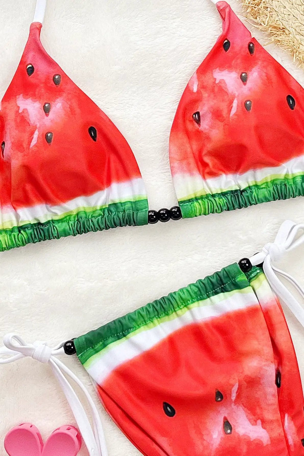 Red Green Watermelon Print Beads Sexy Triangle Cheeky 2Pc Swimsuit Set Bikini