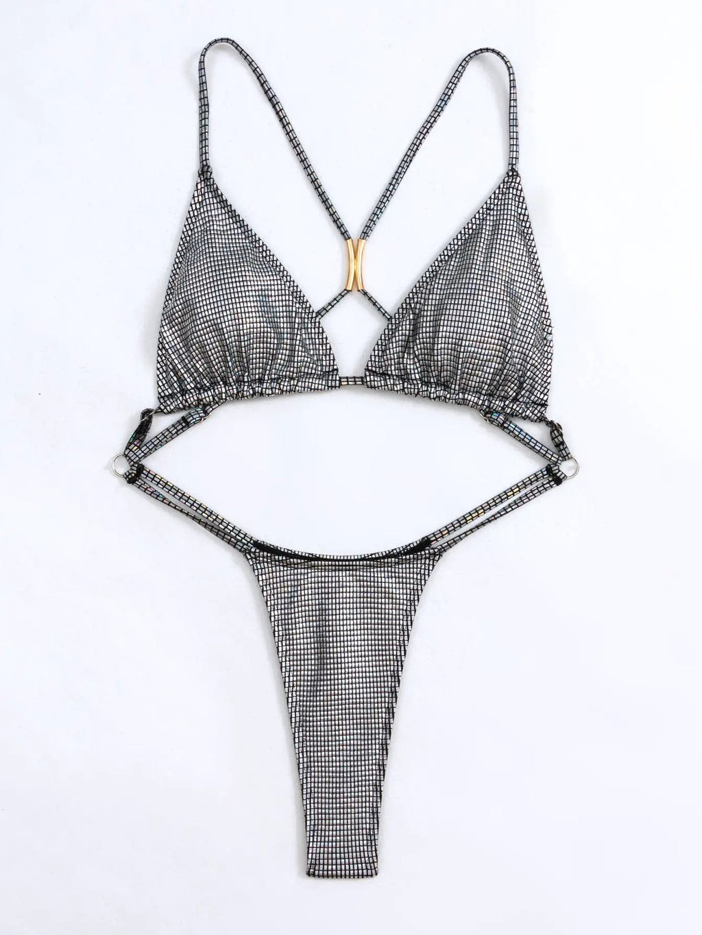 Silver Holographic Strappy Push-Up Thong Sexy Monokini 1Pc Swimsuit