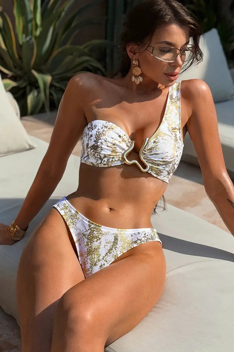 White Gold Snake Print One Shoulder Metal Decor Sexy 2Pc Swimsuit Set