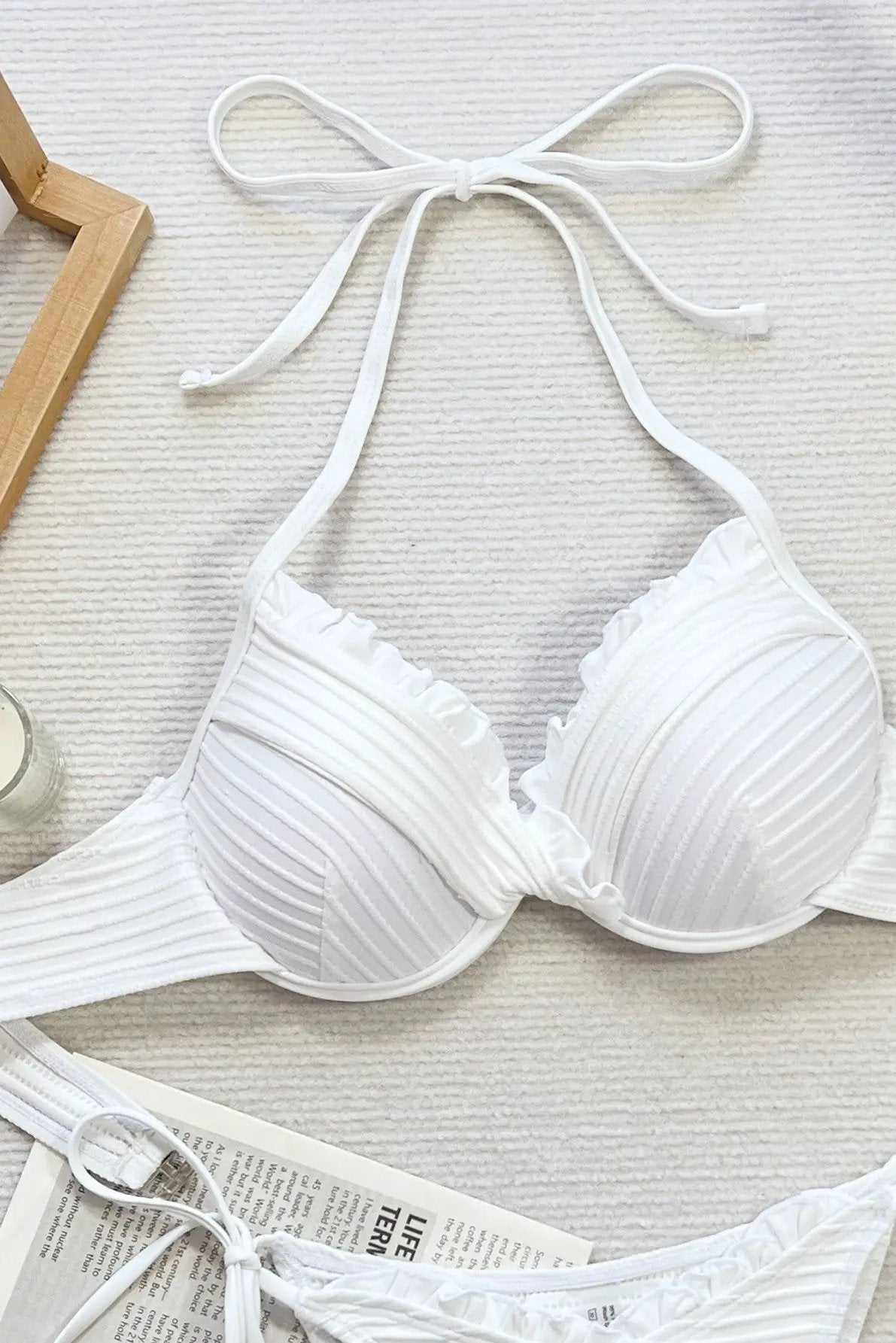 White Wired Push-Up Ruffle Contour Cheeky Sexy 2Pc Bikini Swimsuit Set