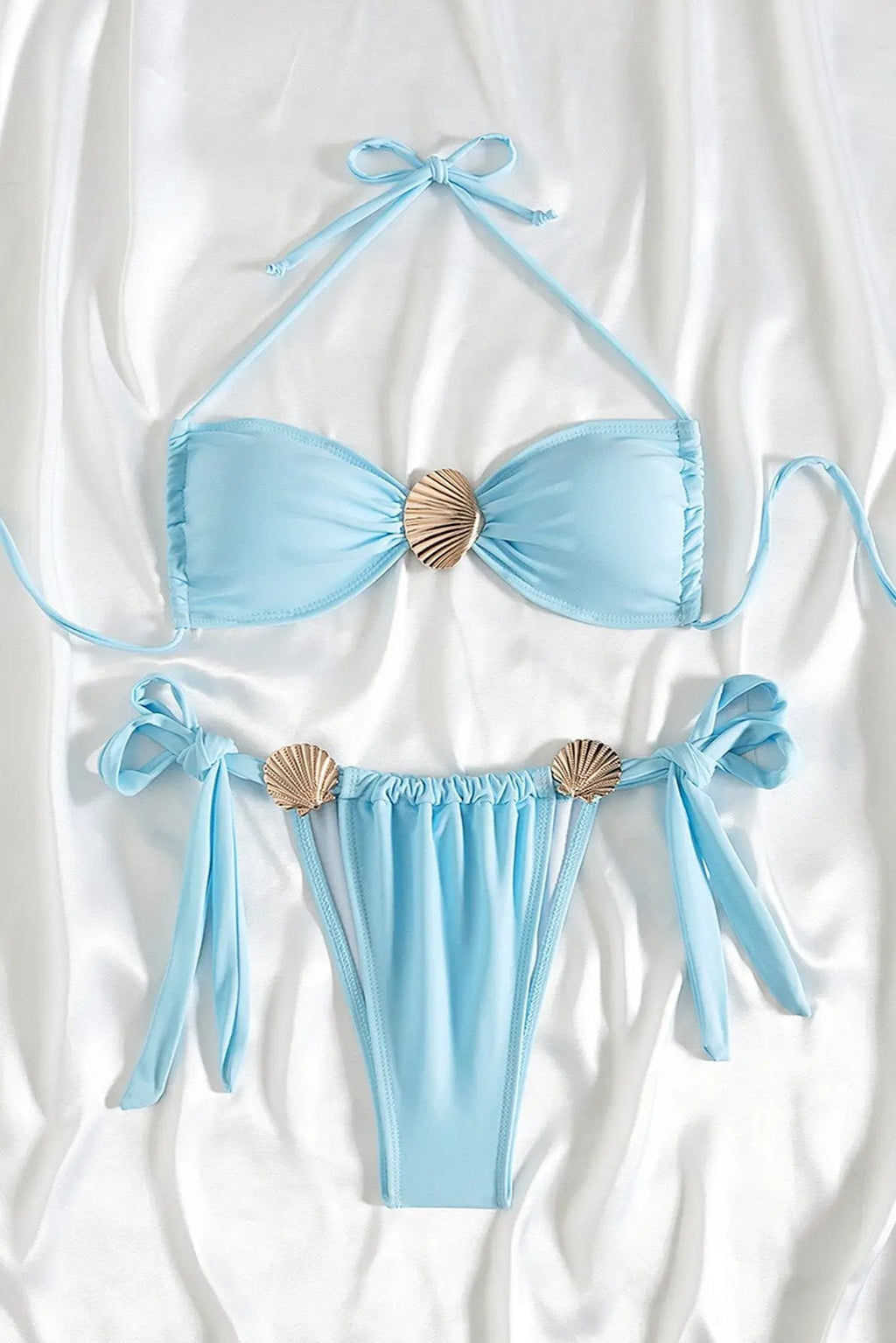 Light Blue Gold Seashell Halter Cheeky Sexy 2Pc Swimsuit Set
