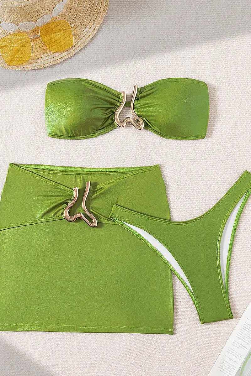 Green Shimmer Gold Metal Decor Bandeau Cheeky Skirt Cover-Up 3Pc Swimsuit Set